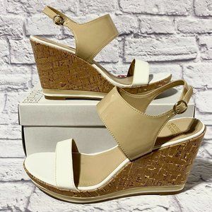 New MOOTSIES TOOTSIES Cork Heel WEDGE Sandals Size 10 Beige Tan WHITE Patent $70